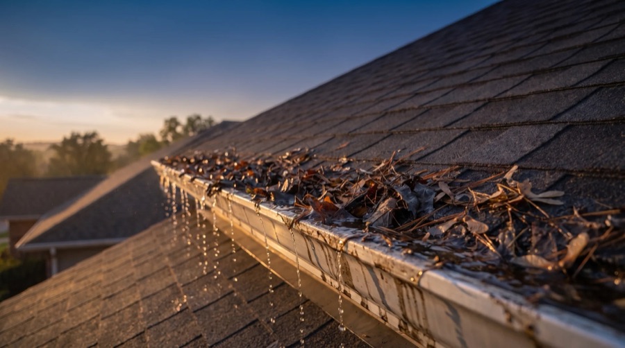 A blocked gutter at sunset, packed with wet leaves, water dripping over the front edge