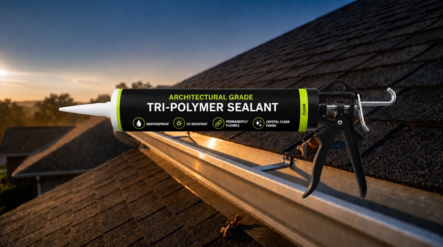 A Gutter Proof architectural grade tri-polymer sealant gun over the cleaned gutter run