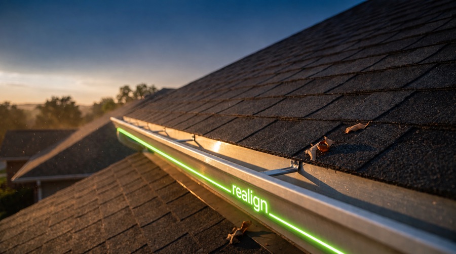 The gutter run lit along its full length, showing the corrected line and fall