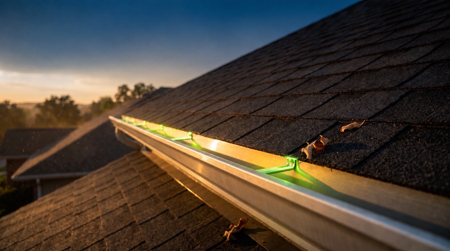 New heavy duty hangers lit along the gutter run at close spacing